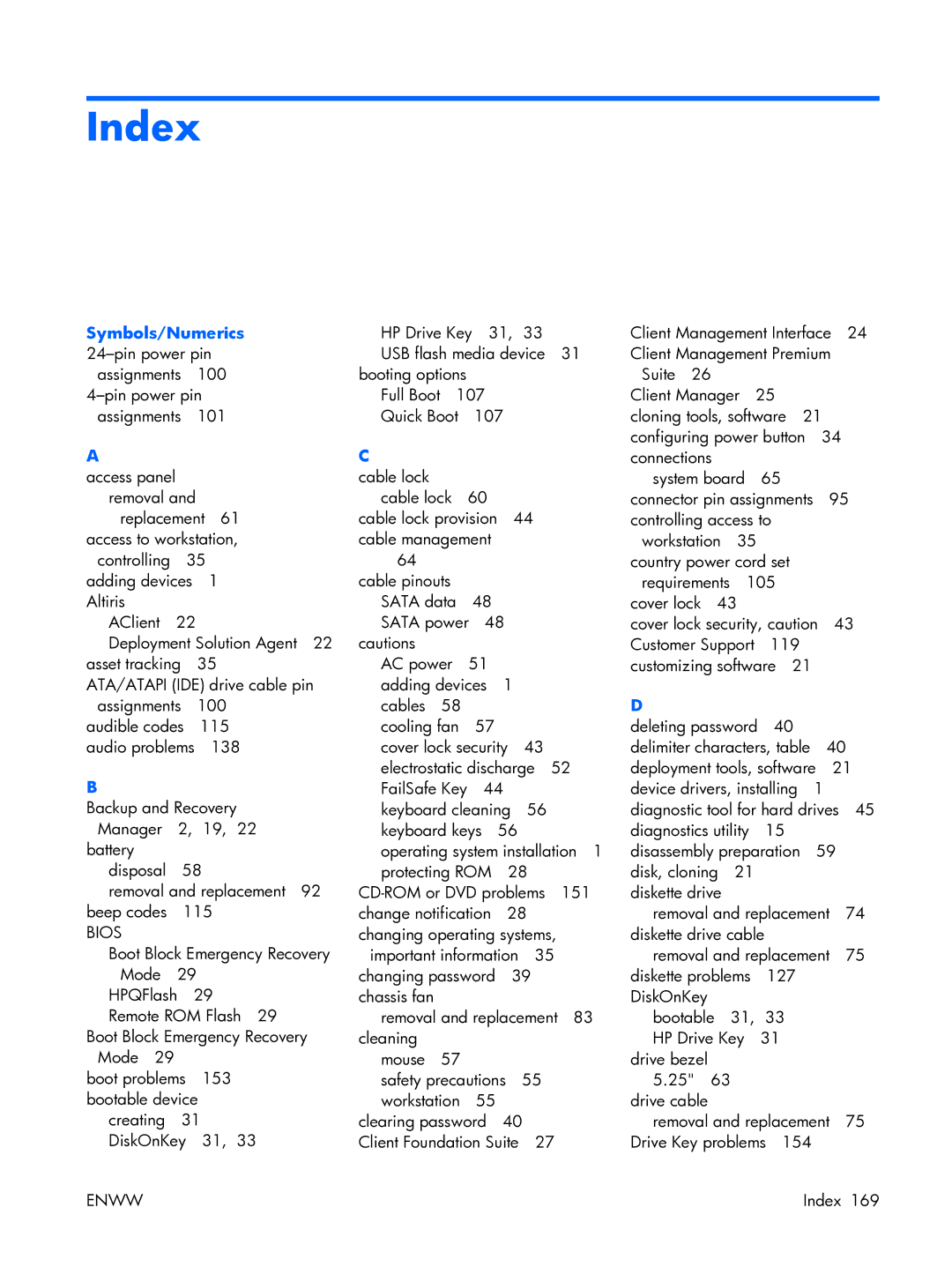 HP XW3400 manual Index, Symbols/Numerics 