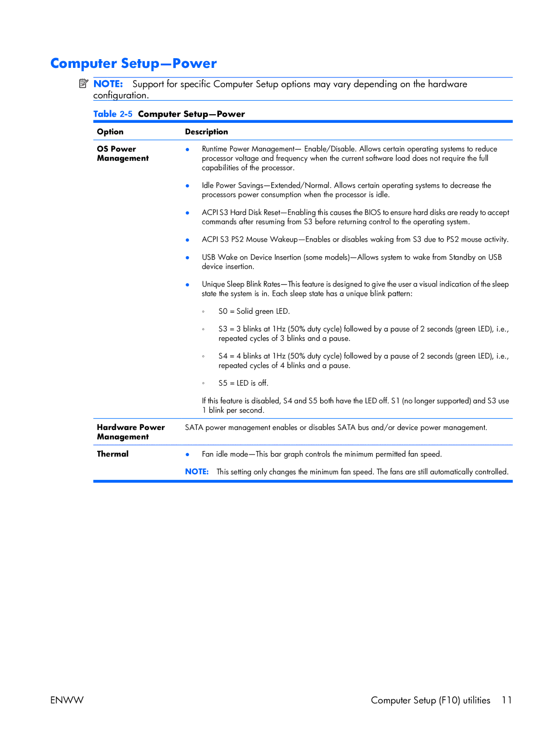 HP XW3400 manual 5Computer Setup-Power 