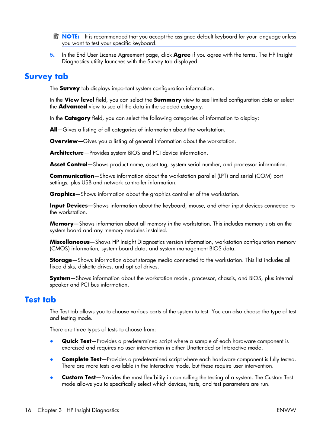 HP XW3400 manual Survey tab, Test tab 