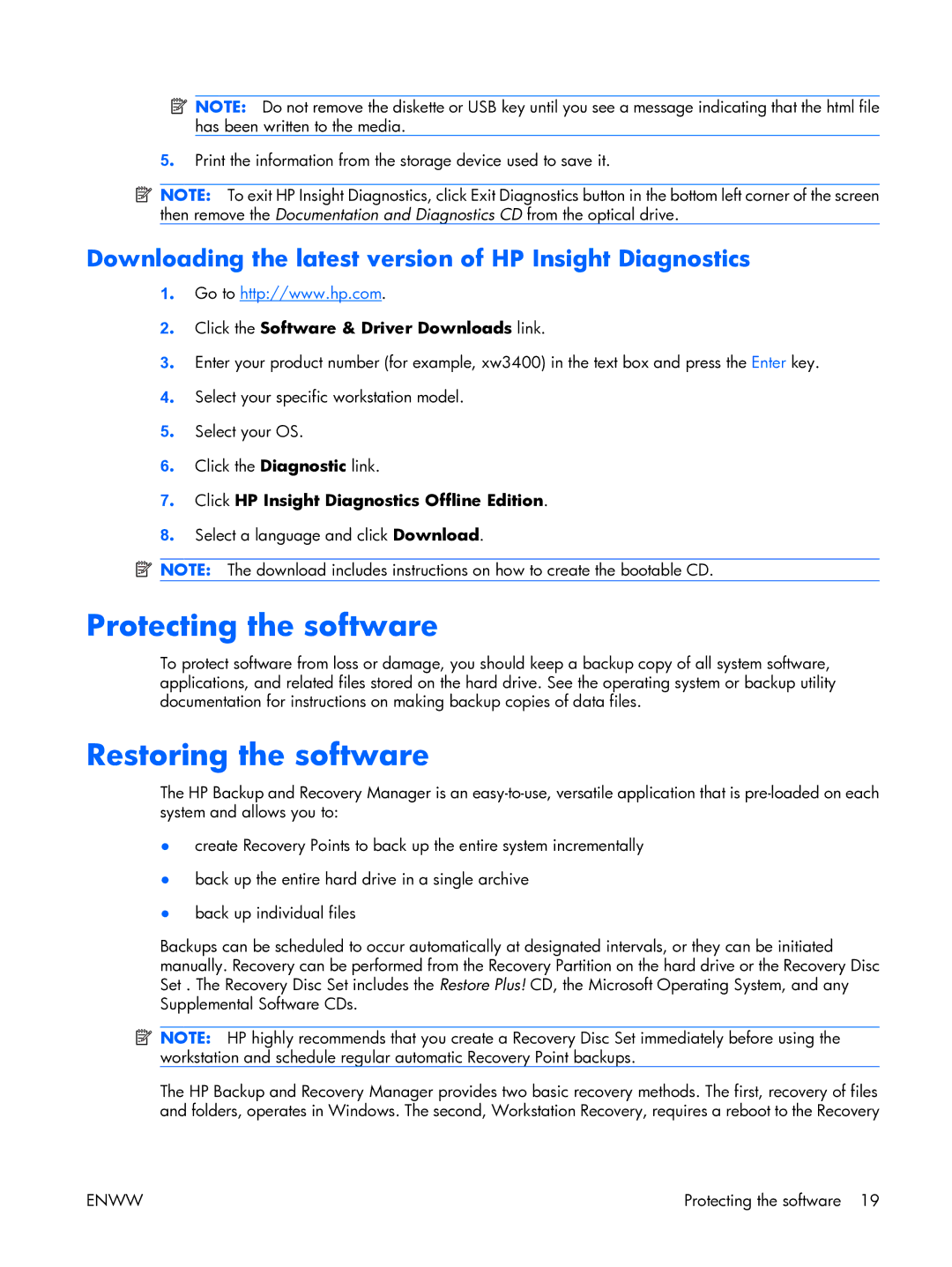 HP XW3400 manual Protecting the software, Restoring the software, Downloading the latest version of HP Insight Diagnostics 