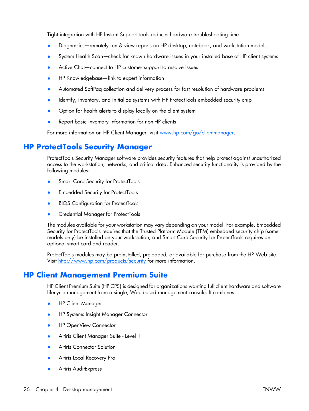 HP XW3400 manual HP ProtectTools Security Manager, HP Client Management Premium Suite 