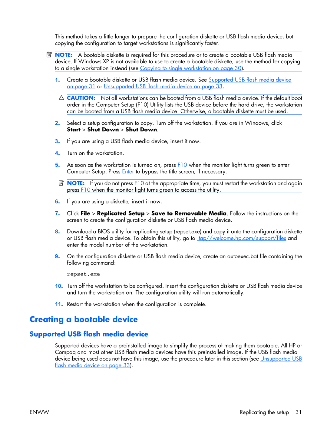 HP XW3400 manual Creating a bootable device, Repset.exe 