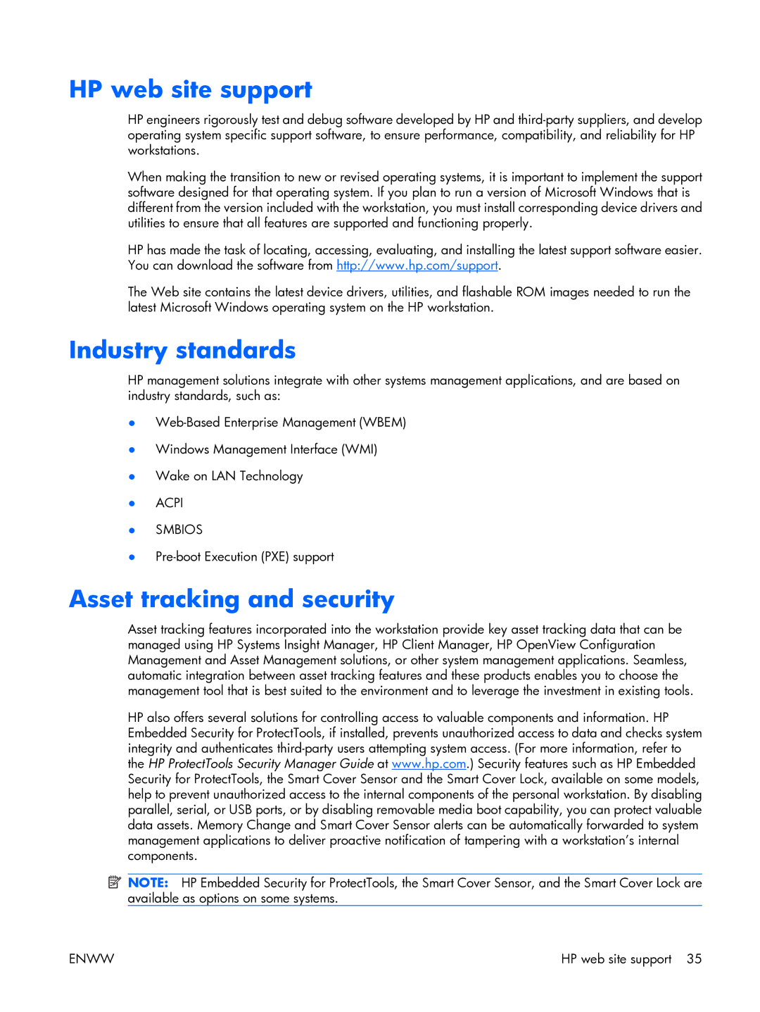 HP XW3400 manual HP web site support, Industry standards, Asset tracking and security 