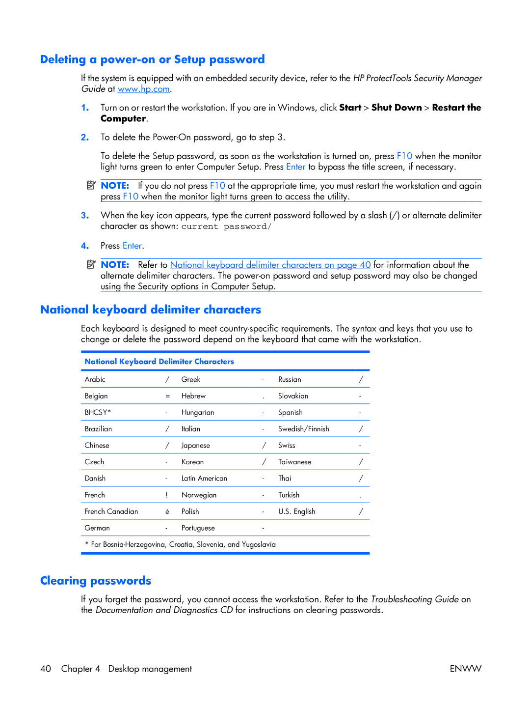 HP XW3400 manual National Keyboard Delimiter Characters, Arabic Greek Russian Belgian Hebrew Slovakian 