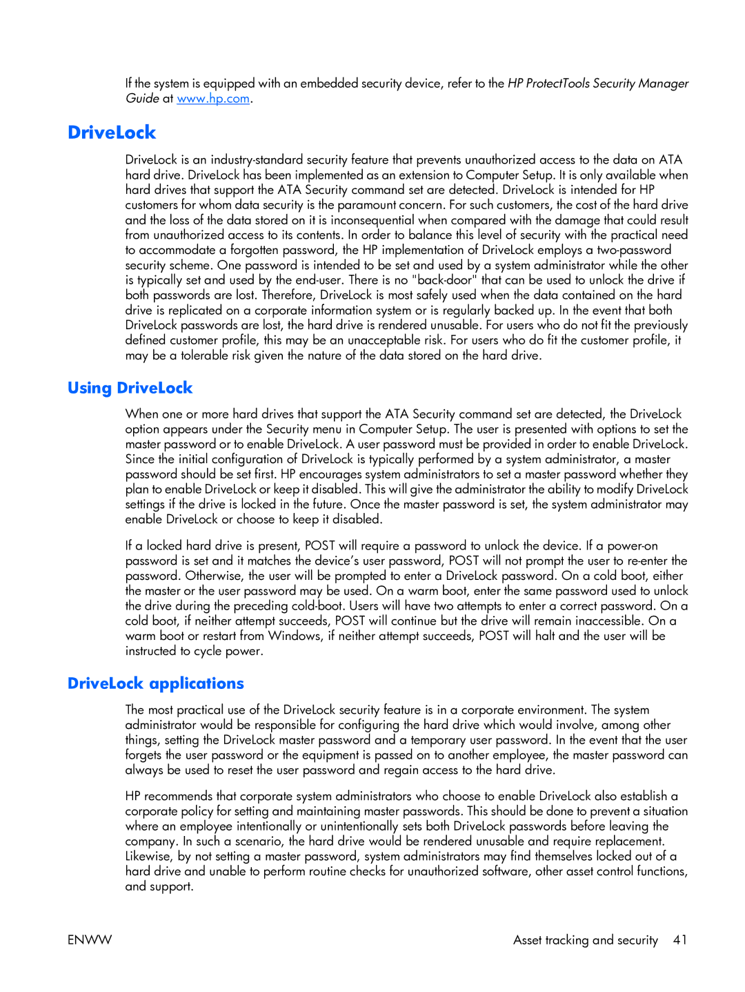 HP XW3400 manual Using DriveLock 