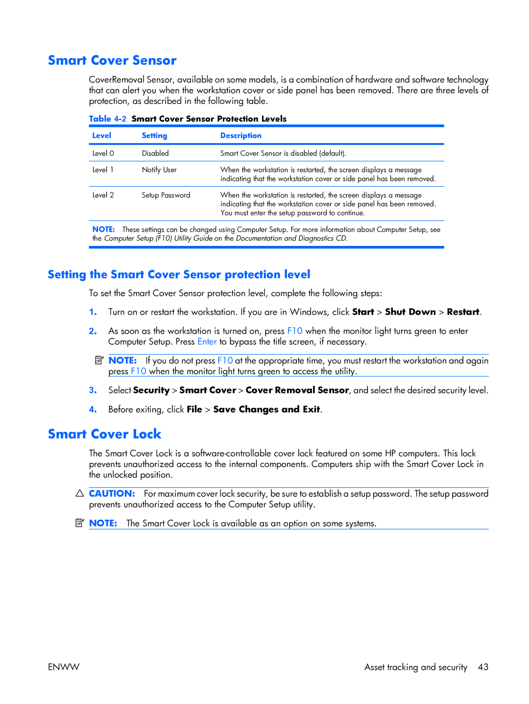 HP XW3400 manual Smart Cover Lock, Smart Cover Sensor Protection Levels, Level Setting Description 