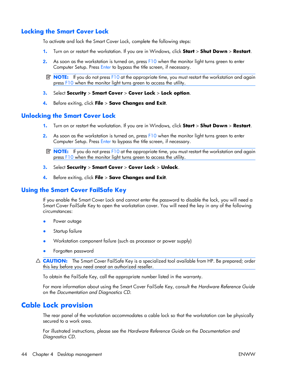 HP XW3400 manual Cable Lock provision, Locking the Smart Cover Lock 