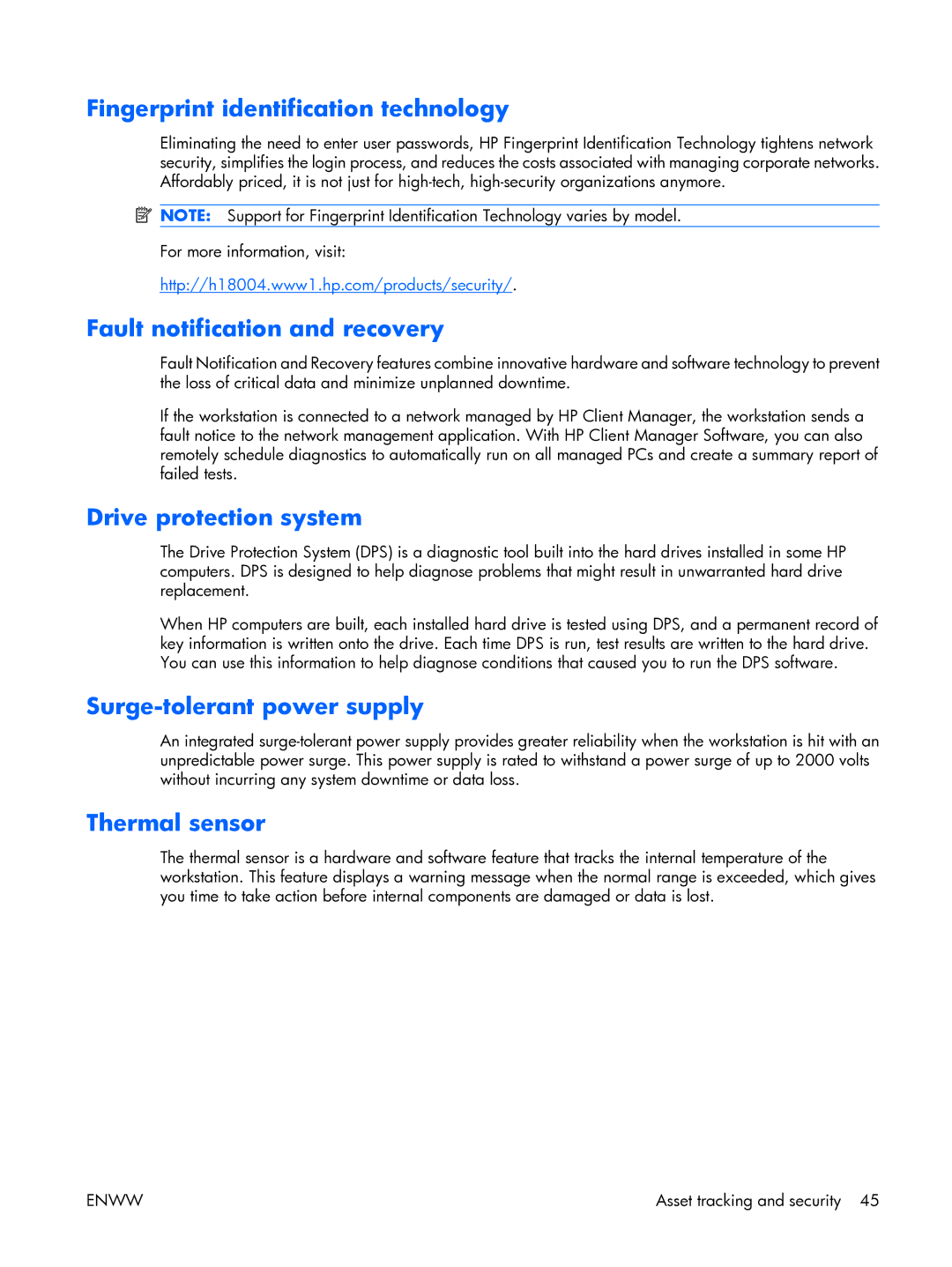 HP XW3400 Fingerprint identification technology, Fault notification and recovery, Drive protection system, Thermal sensor 