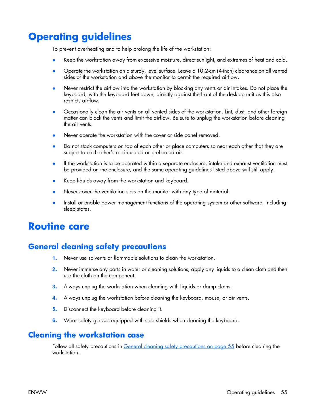 HP XW3400 manual Operating guidelines, Routine care, General cleaning safety precautions, Cleaning the workstation case 