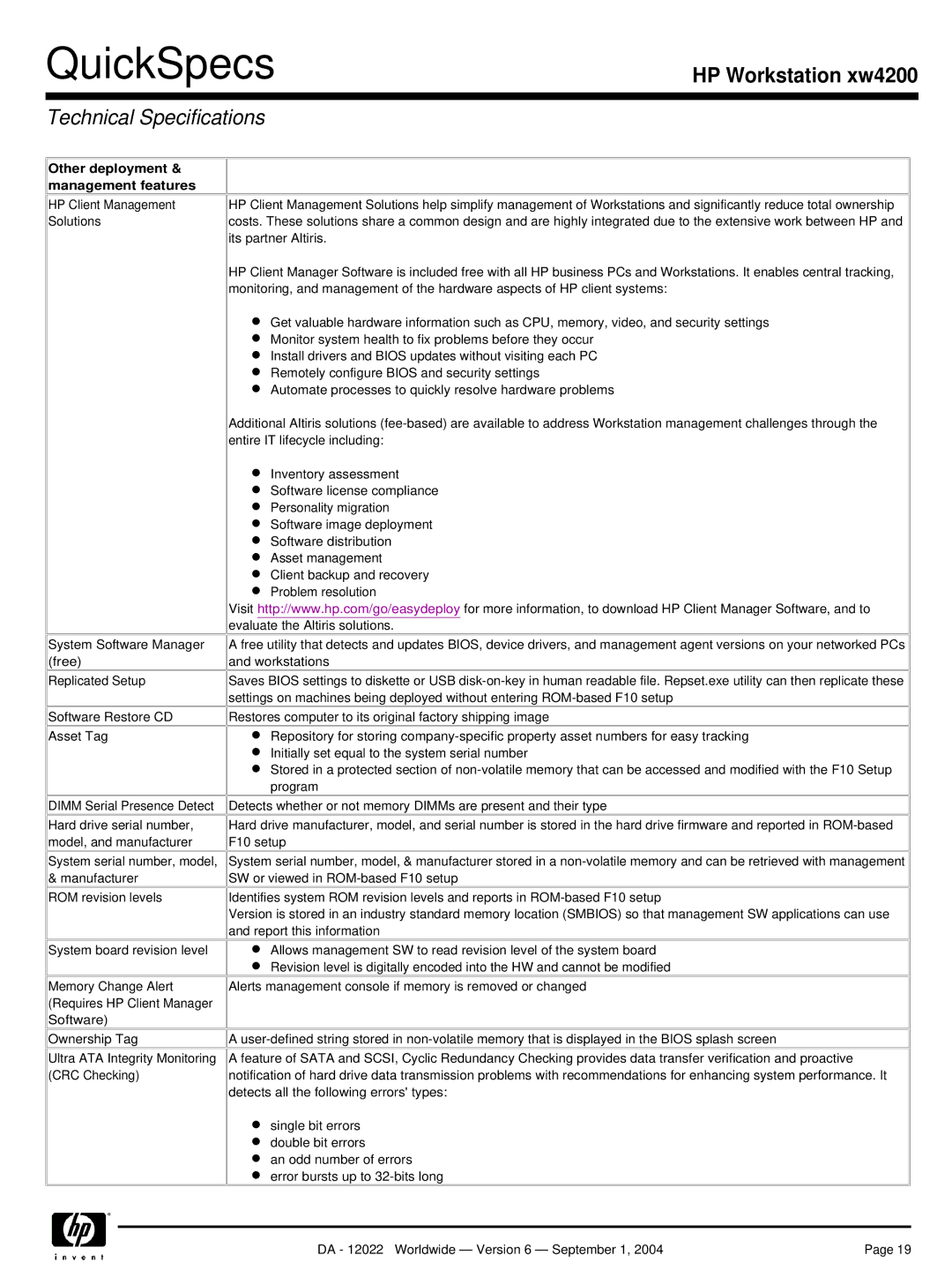 HP xw4200 manual Other deployment & management features 