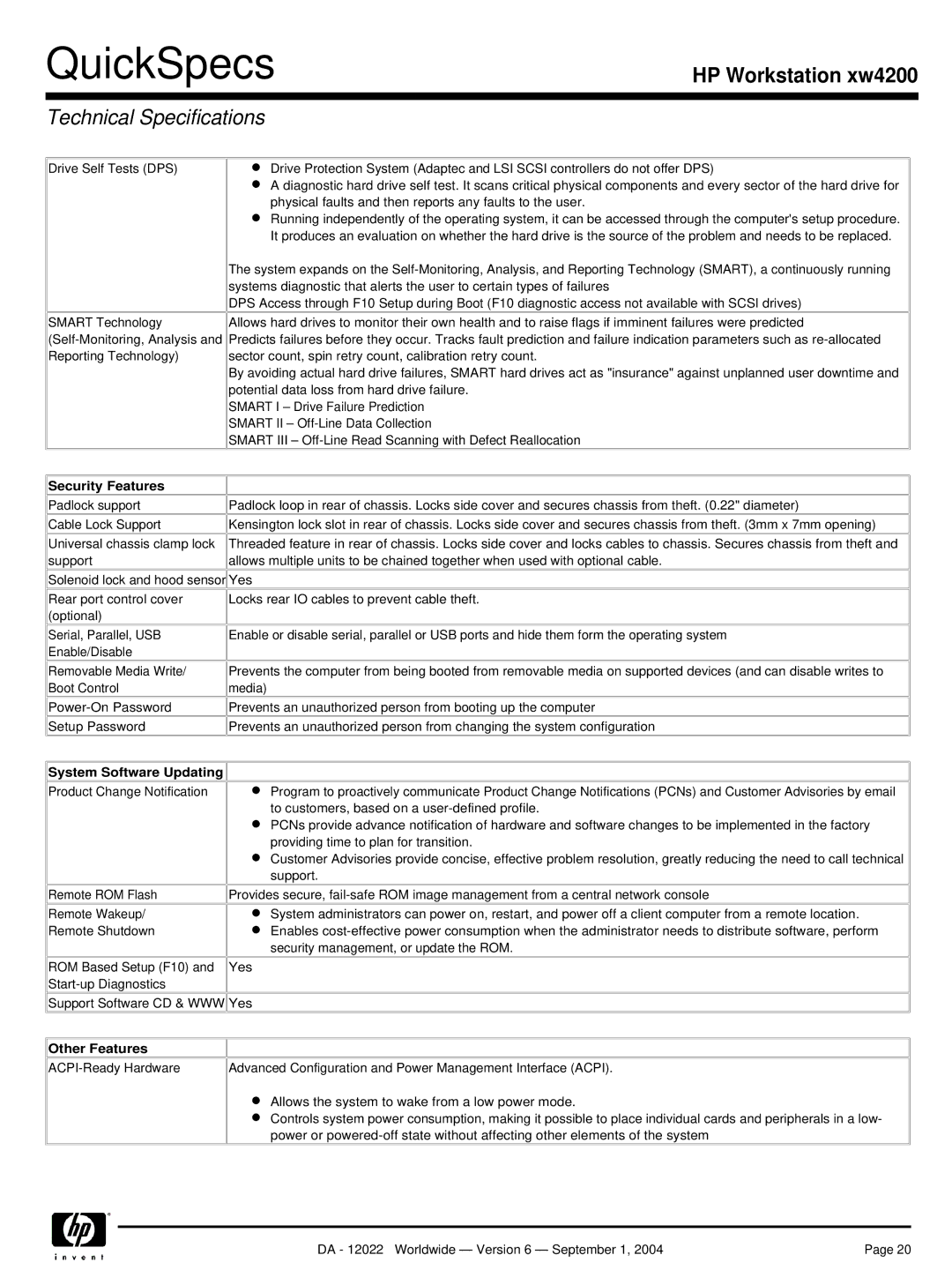 HP xw4200 manual Security Features, System Software Updating, Other Features 