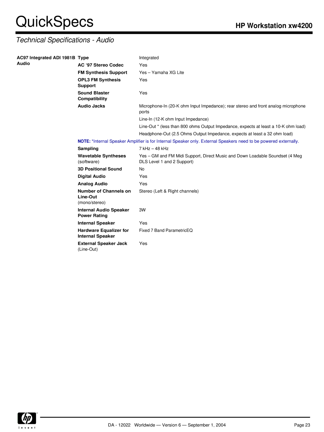 HP xw4200 manual Technical Specifications Audio 