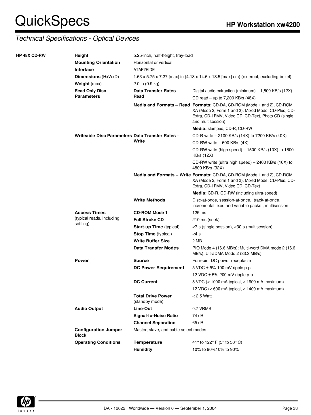 HP xw4200 manual HP 48X CD-RW 