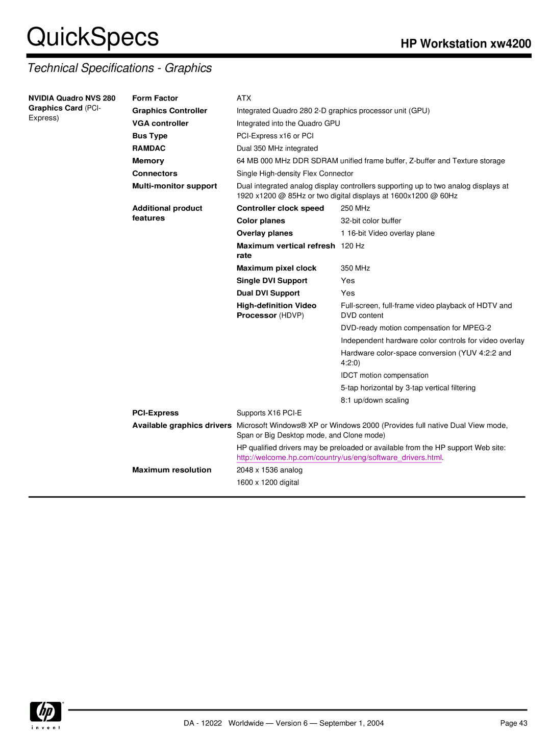 HP xw4200 Nvidia Quadro NVS Form Factor, Graphics Card PCI Graphics Controller, Additional product Controller clock speed 