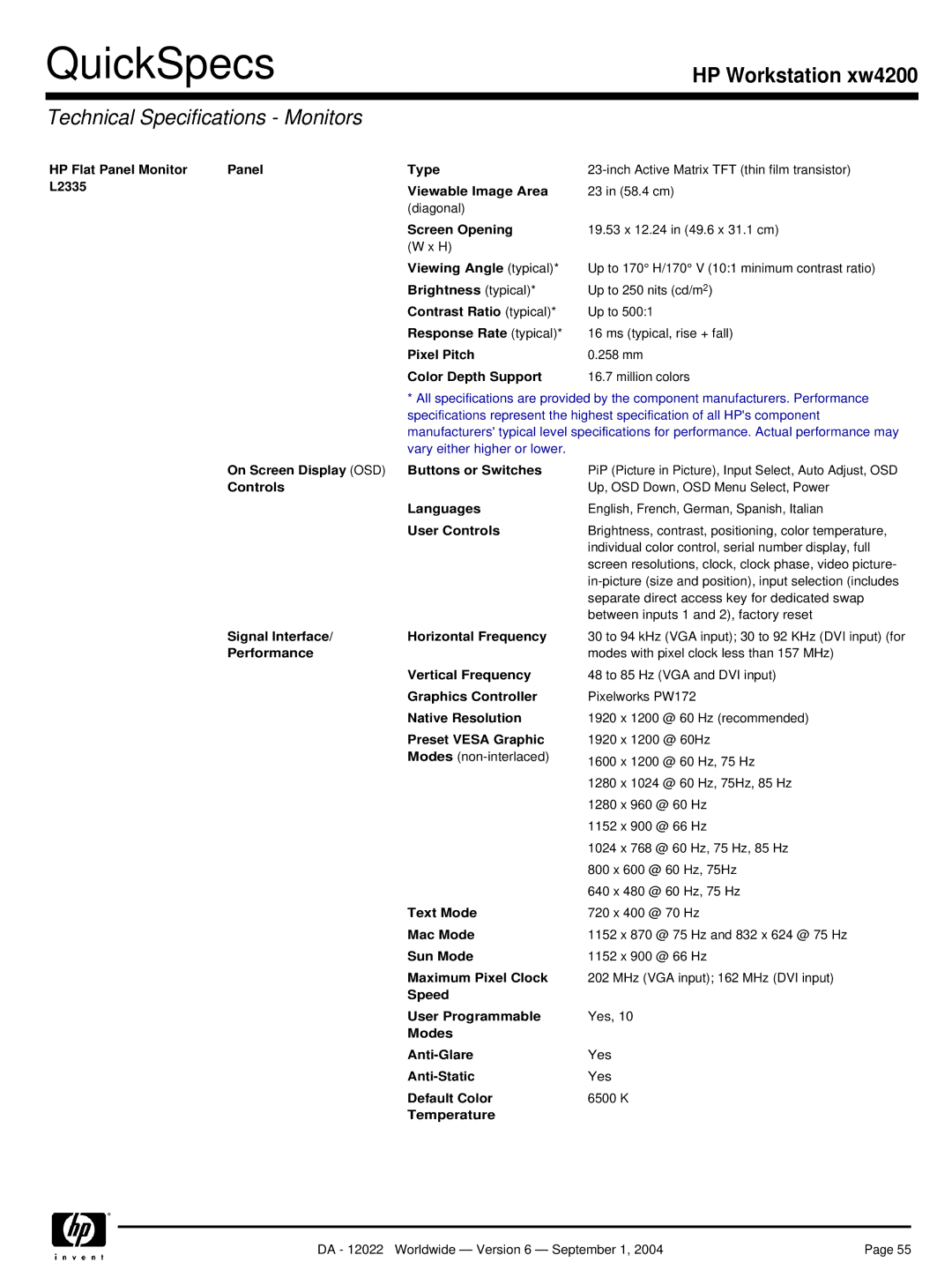 HP xw4200 manual L2335 Viewable Image Area, On Screen Display OSD Buttons or Switches 