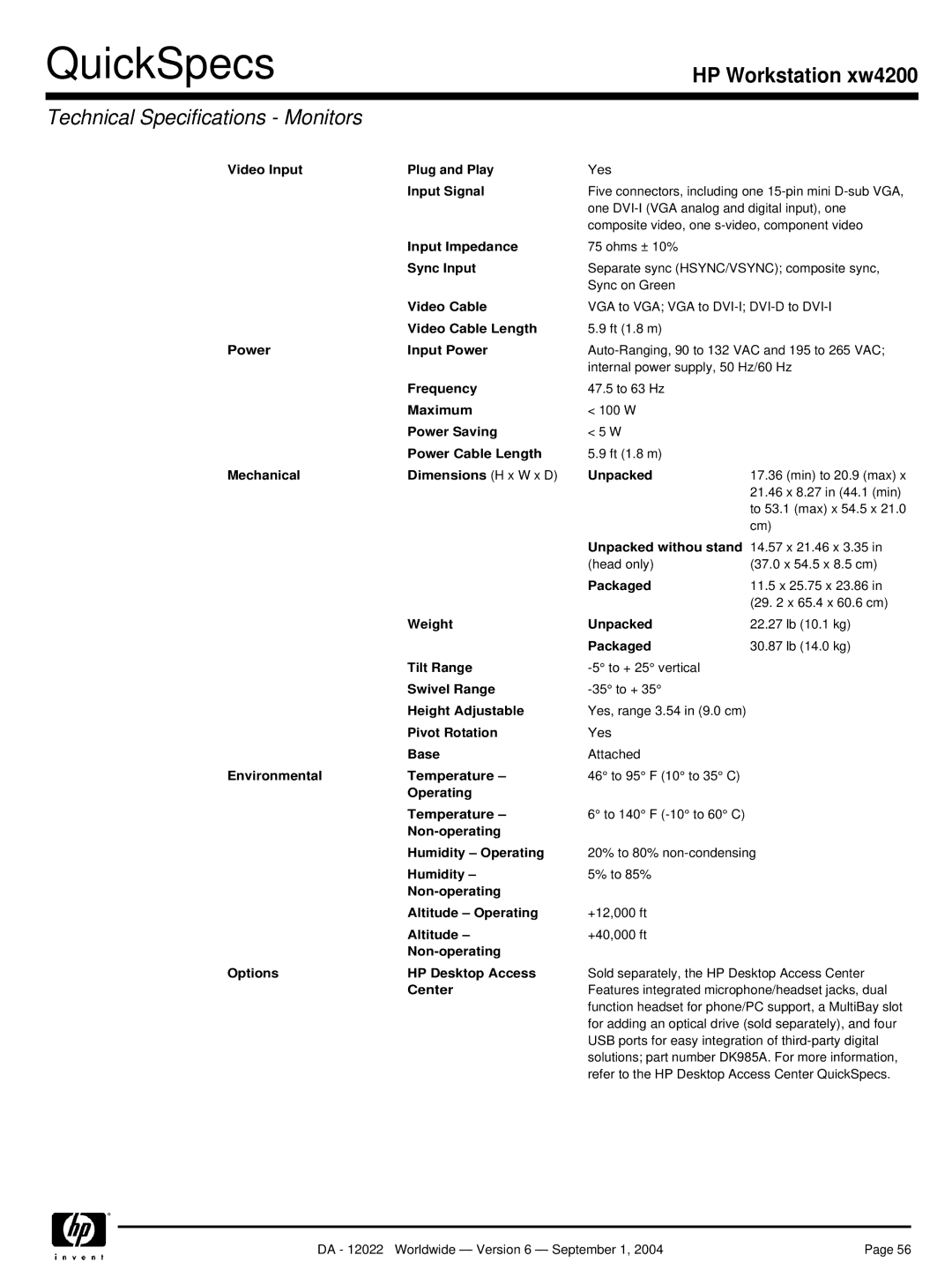 HP xw4200 Mechanical Dimensions H x W x D Unpacked, Environmental Temperature, Non-operating Options HP Desktop Access 