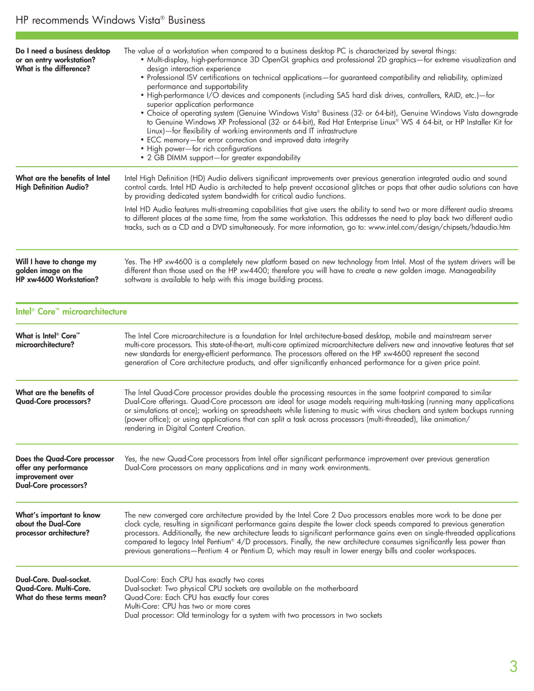 HP xw4600 xw4600 manual Intel Core microarchitecture 