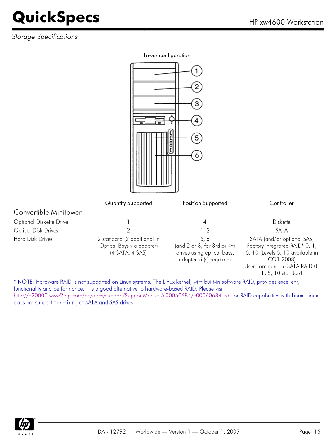 HP xw4600 manual Storage Specifications, Tower configuration 