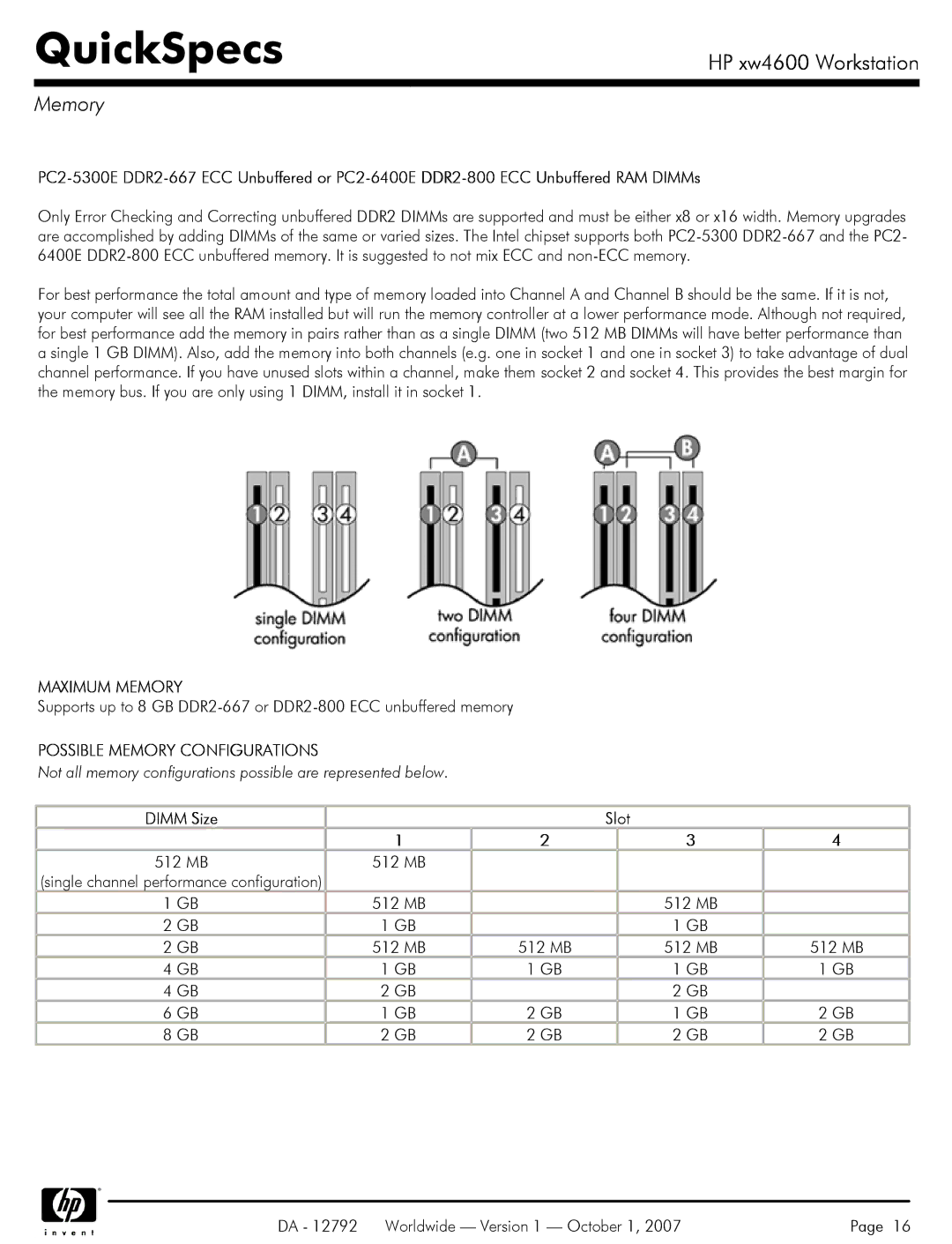 HP xw4600 manual Maximum Memory, Possible Memory Configurations, Dimm Size Slot 