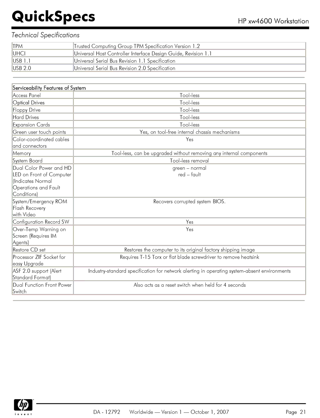 HP xw4600 manual Tpm, Uhci, Serviceability Features of System 