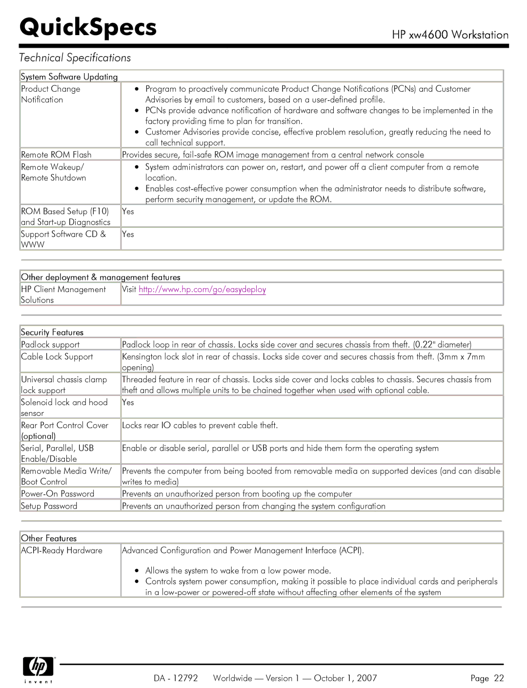 HP xw4600 manual System Software Updating, Www, Other deployment & management features, Security Features, Other Features 