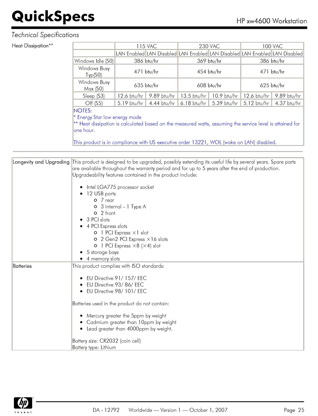 HP xw4600 manual Batteries 