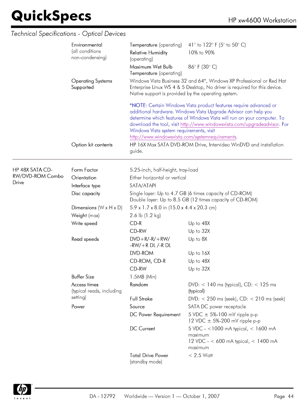 HP xw4600 manual HP 48X Sata CD 