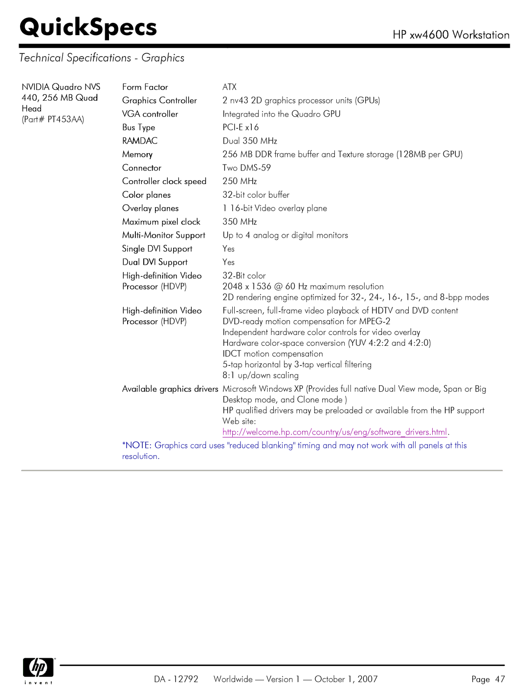 HP xw4600 manual Technical Specifications Graphics, Ramdac 