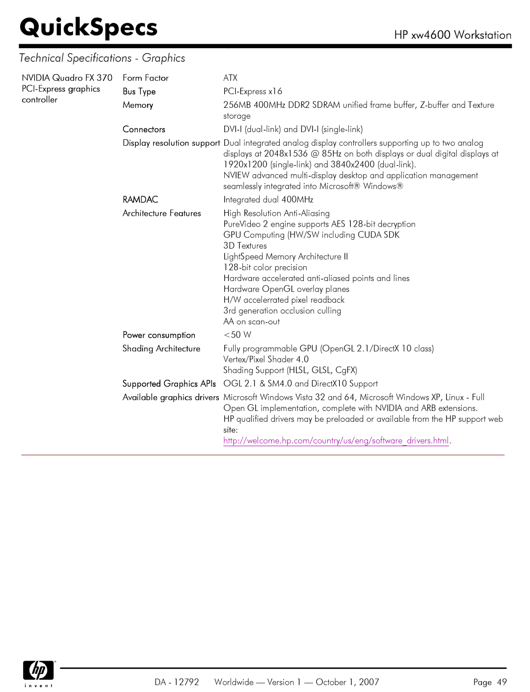 HP xw4600 manual Architecture Features, Shading Architecture 