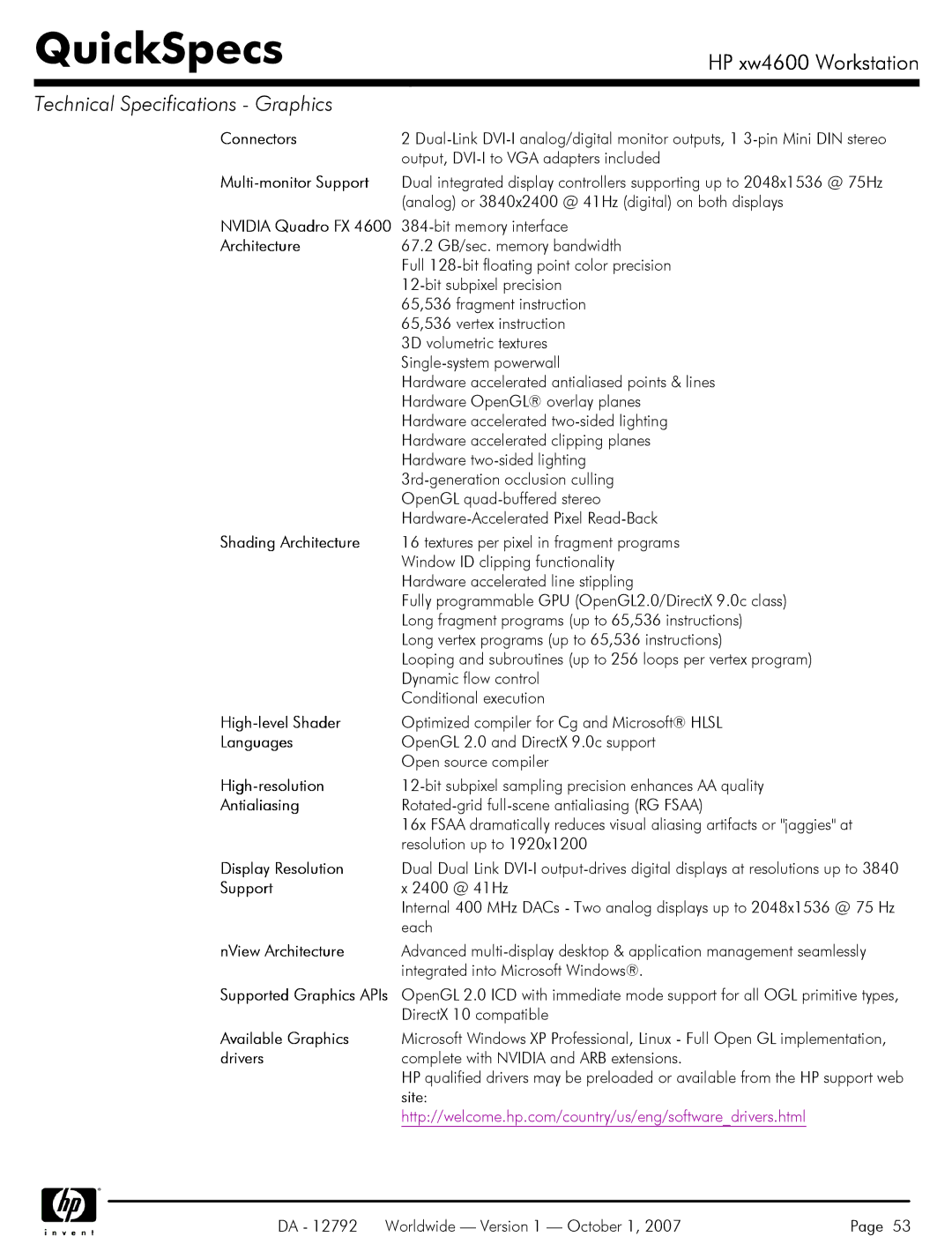 HP xw4600 manual High-level Shader, High-resolution, Antialiasing, Display Resolution, Available Graphics, Drivers 