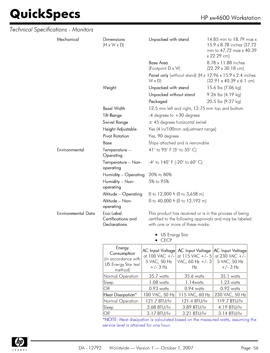 HP xw4600 manual Mechanical Dimensions Unpacked with stand, W x D, 22.29 cm, 32.91 x 40.39 x 6.1 cm, Energy 