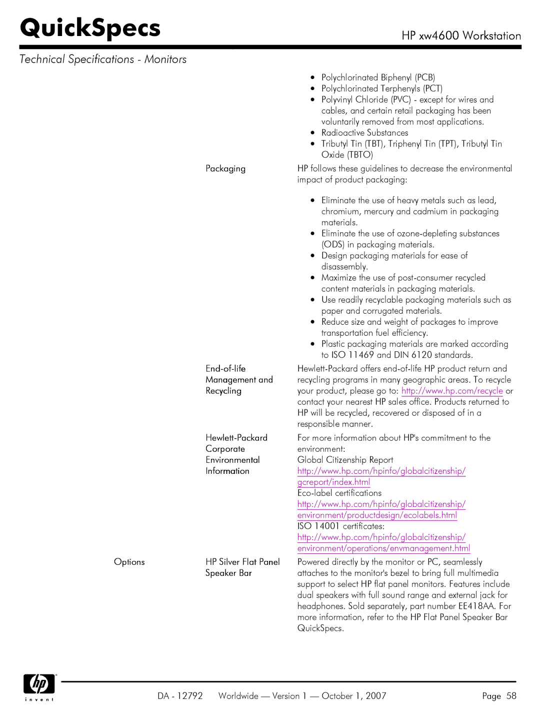HP xw4600 manual End-of-life, Management, Recycling, Corporate, Options HP Silver Flat Panel, Speaker Bar 