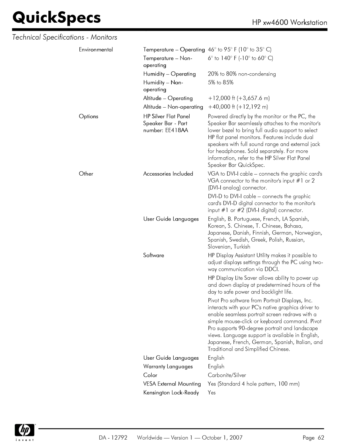 HP xw4600 manual 46 to 95 F 10 to 35 C, Humidity Non To 85% Operating Altitude Operating, User Guide Languages 