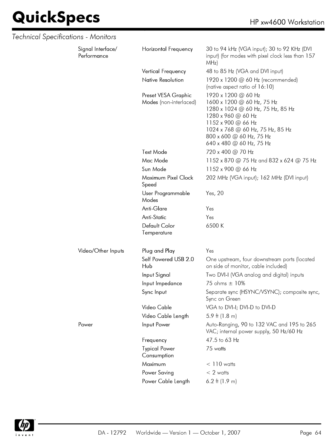 HP xw4600 manual Temperature Video/Other Inputs Plug and Play 