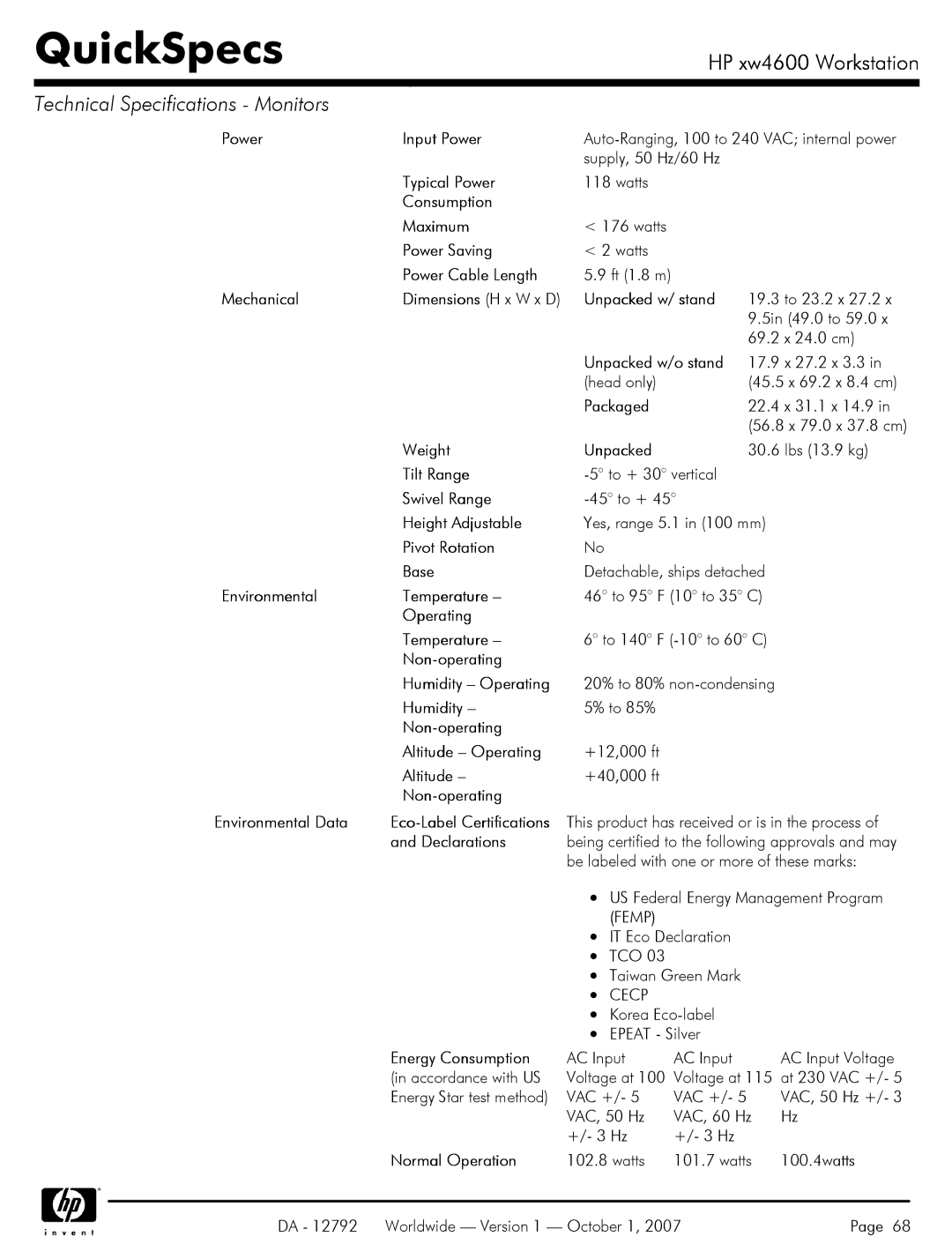 HP xw4600 manual Pivot Rotation Base, Non-operating Environmental Data, Normal Operation 