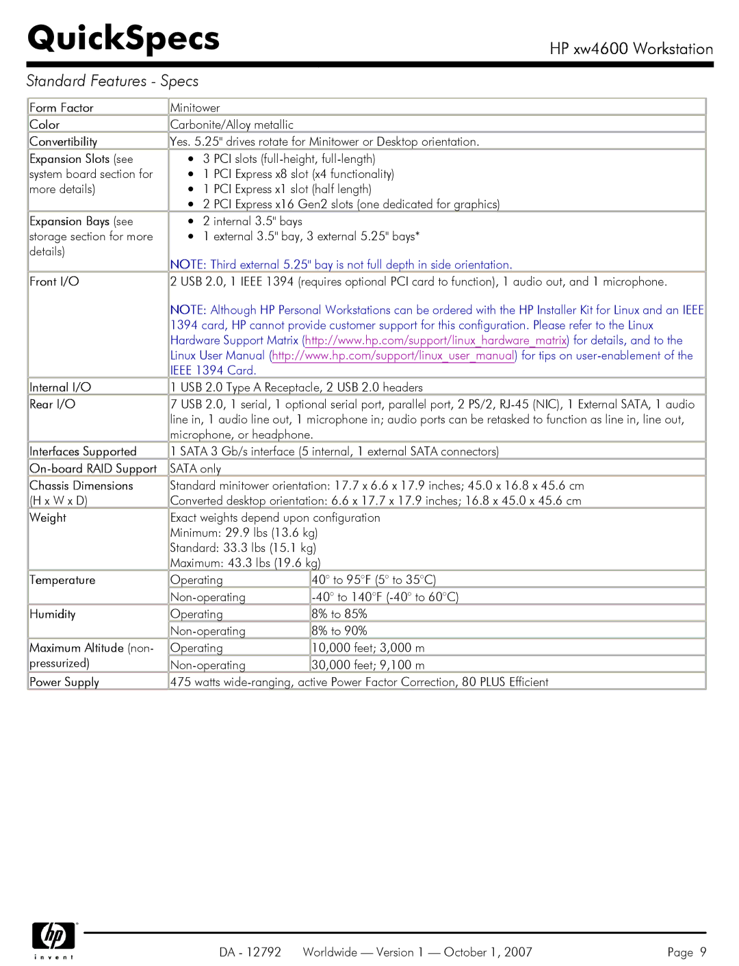 HP xw4600 manual Chassis Dimensions, W x D, Weight Temperature Humidity, Pressurized, Power Supply 