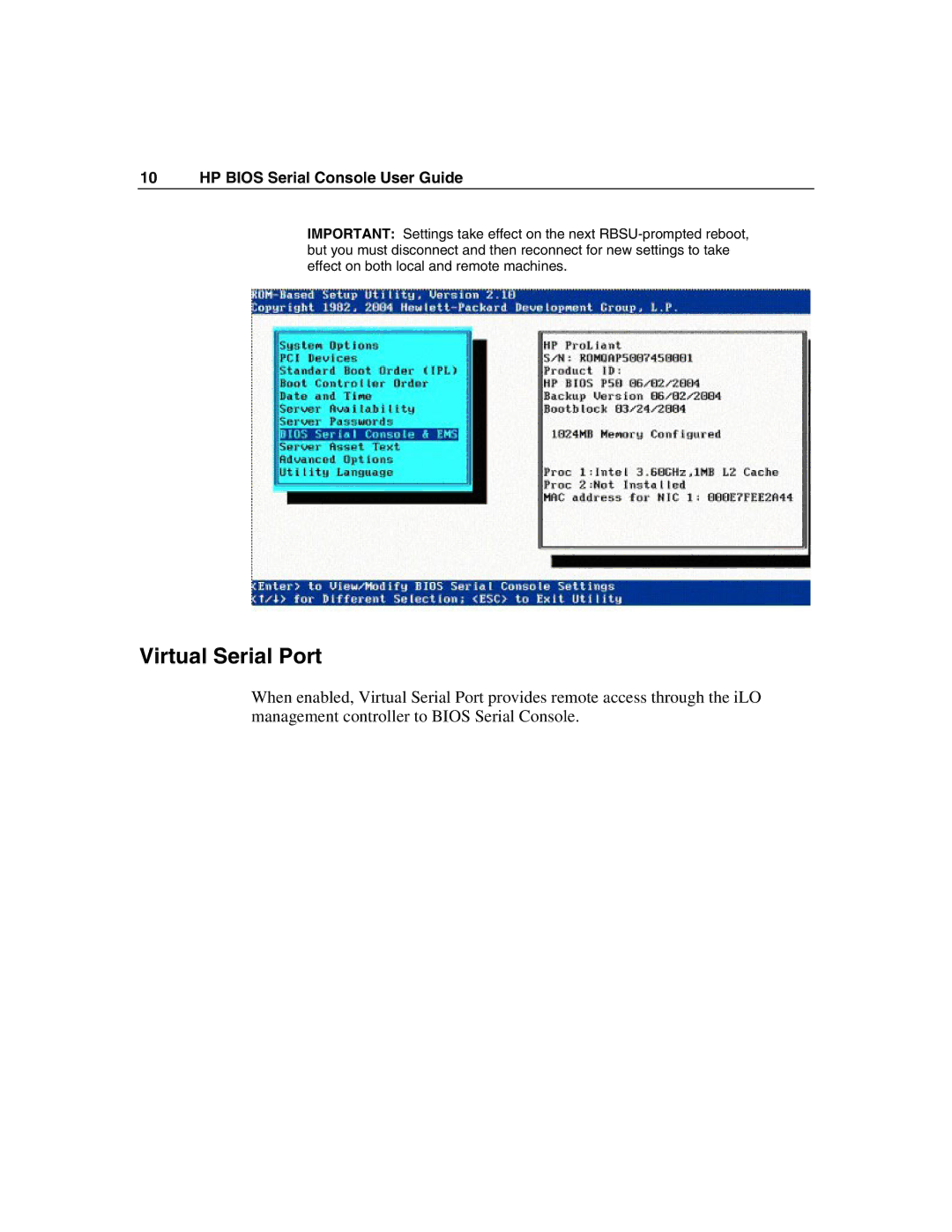 HP xw460c Blade manual Virtual Serial Port 