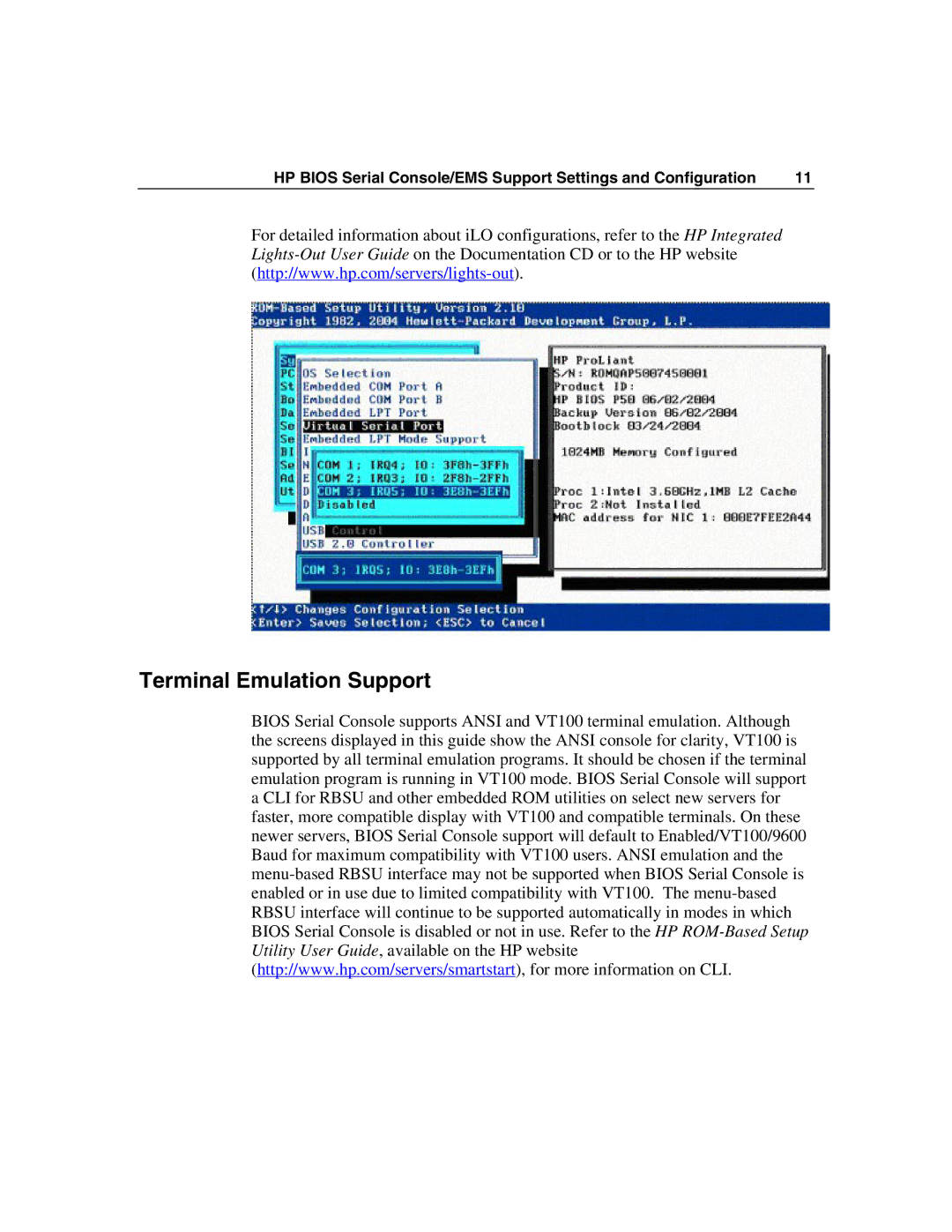 HP xw460c Blade manual Terminal Emulation Support 