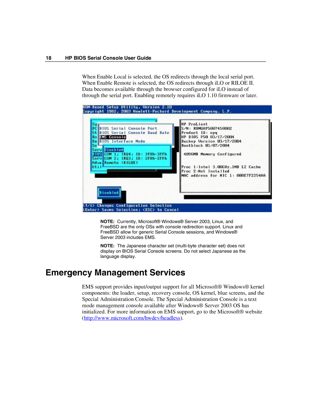 HP xw460c Blade manual Emergency Management Services 