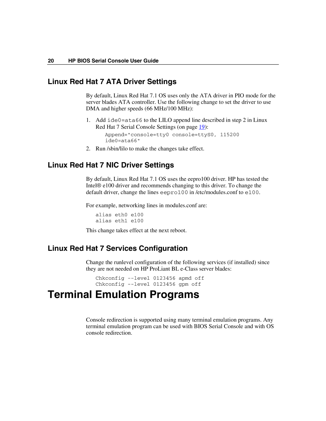 HP xw460c manual Terminal Emulation Programs, Linux Red Hat 7 ATA Driver Settings, Linux Red Hat 7 NIC Driver Settings 