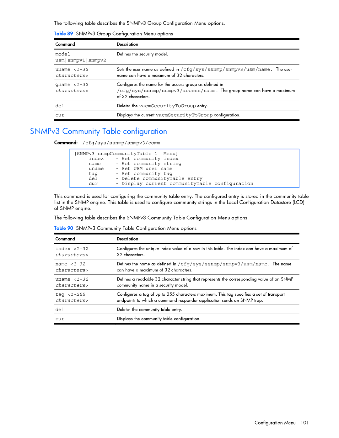 HP xw460c Blade SNMPv3 Community Table configuration, Usmsnmpv1snmpv2 Uname, Del Deletes the vacmSecurityToGroup entry Cur 