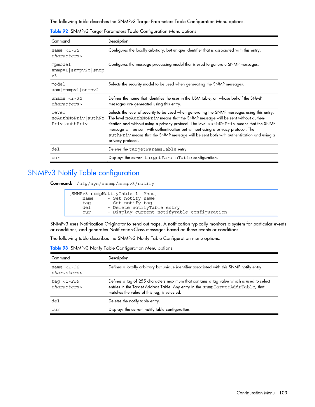 HP xw460c Blade manual SNMPv3 Notify Table configuration, Snmpv1snmpv2csnmp Model 