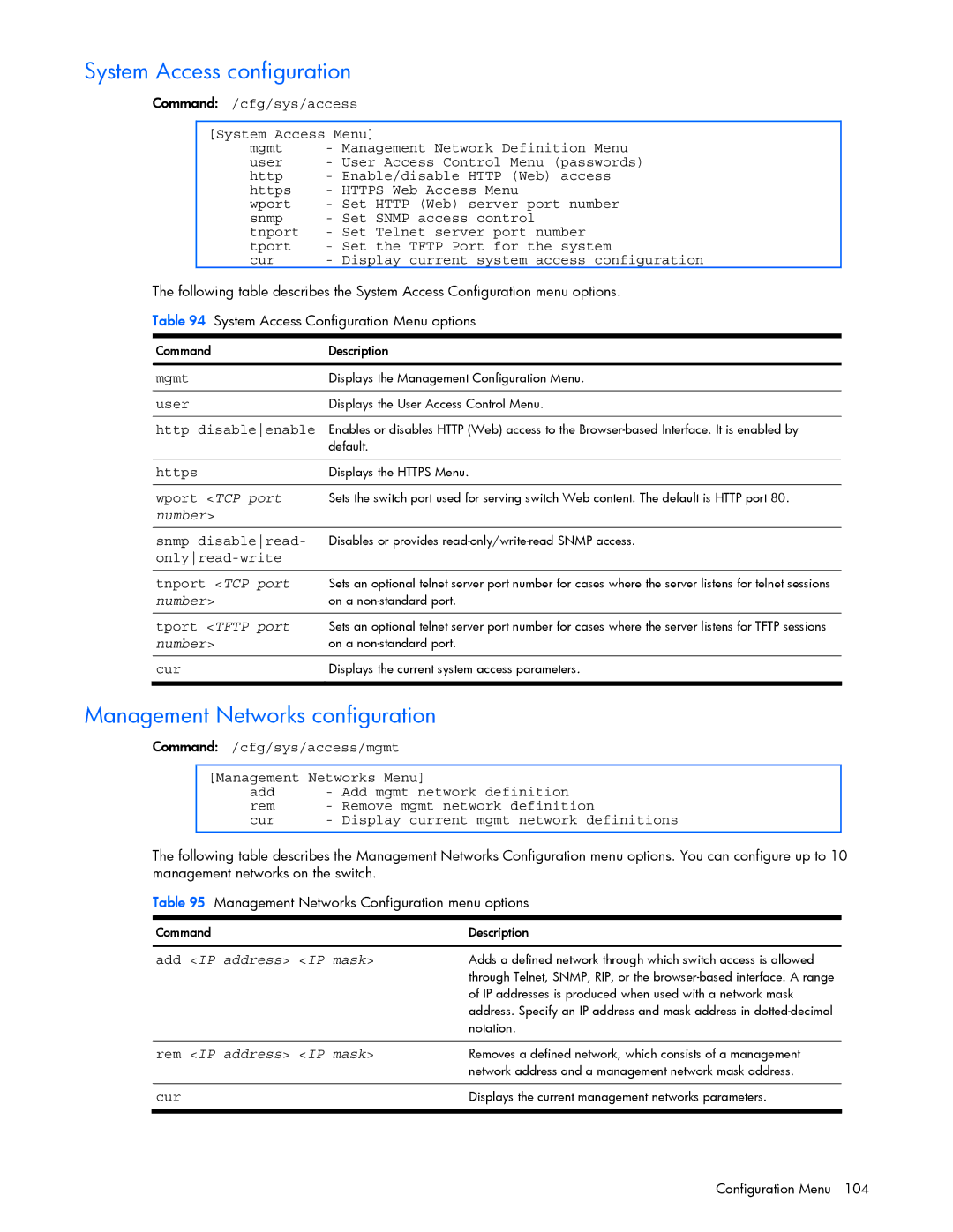 HP xw460c Blade manual System Access configuration, Management Networks configuration 