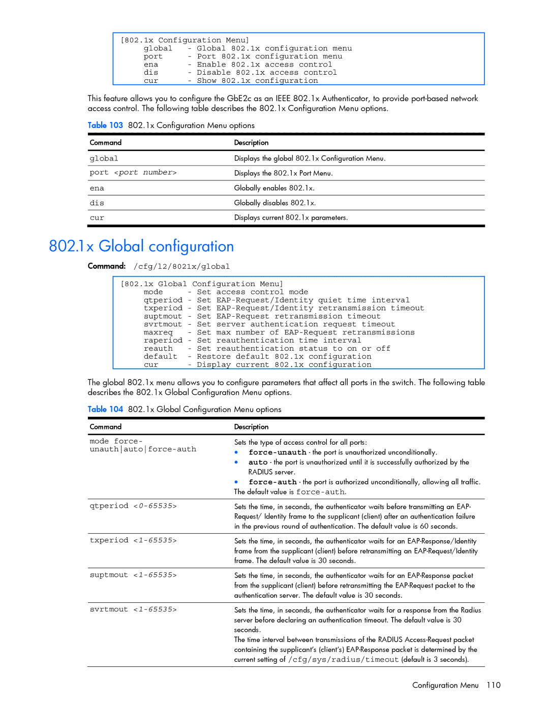 HP xw460c Blade manual 802.1x Global configuration, Mode force, Unauthautoforce-auth 