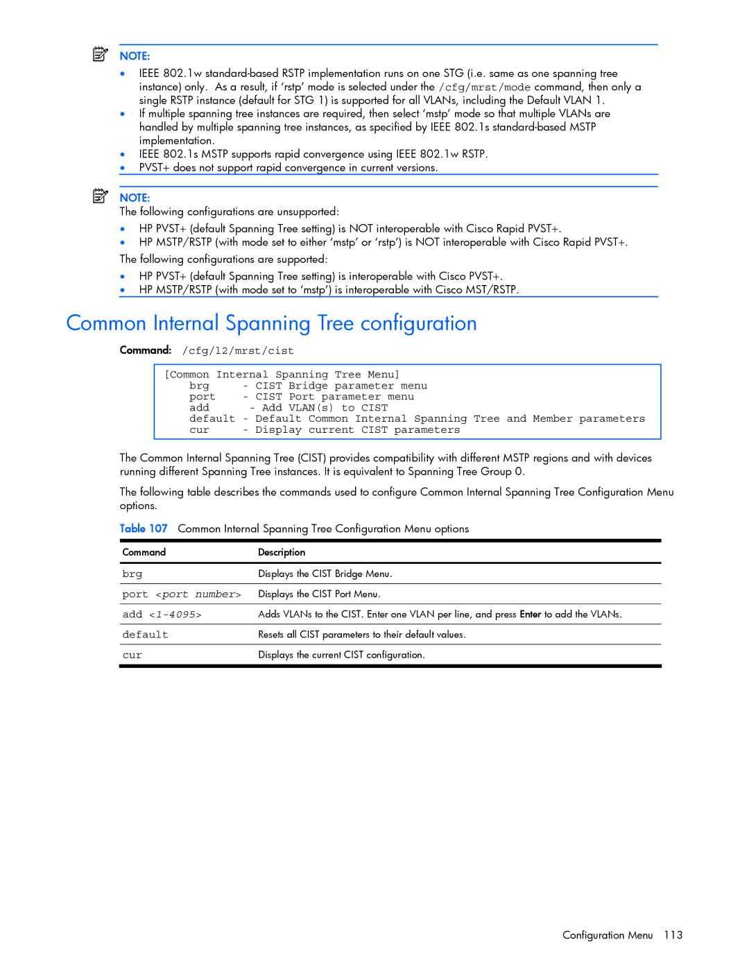 HP xw460c Blade manual Common Internal Spanning Tree configuration, Bridge parameter menu, Port parameter menu, 4095 