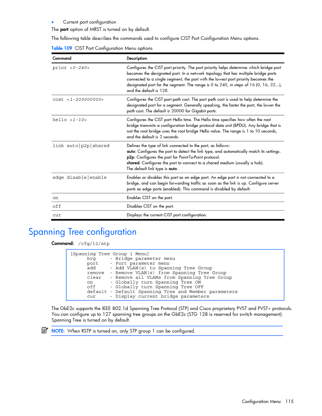 HP xw460c Blade manual Spanning Tree configuration, Cost, Link autop2pshared, Edge disableenable 