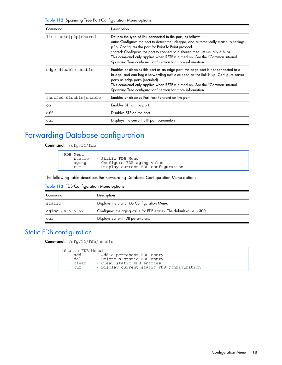 HP xw460c Blade manual Forwarding Database configuration, Static FDB configuration, Fastfwd disableenable 