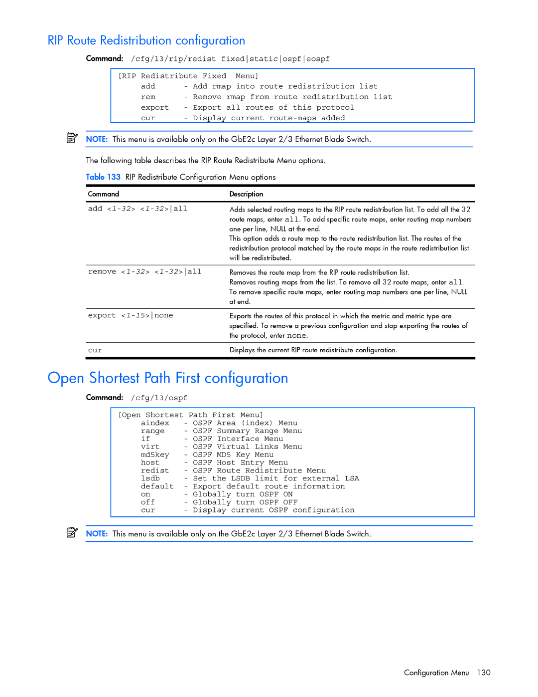 HP xw460c Blade manual Open Shortest Path First configuration, RIP Route Redistribution configuration, Add 1-32 1-32all 