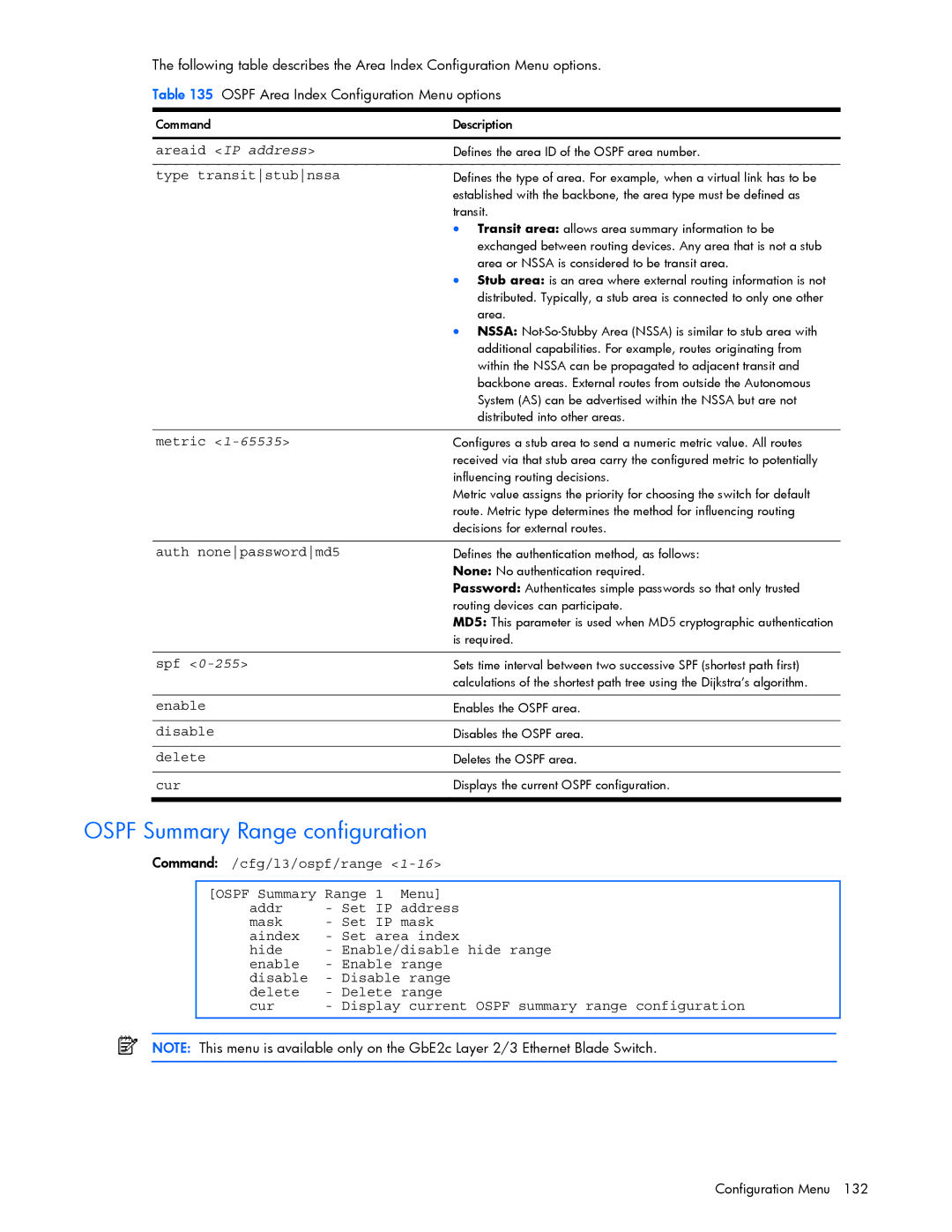 HP xw460c Blade manual Ospf Summary Range configuration, Areaid IP address, Type transitstubnssa, Auth nonepasswordmd5 