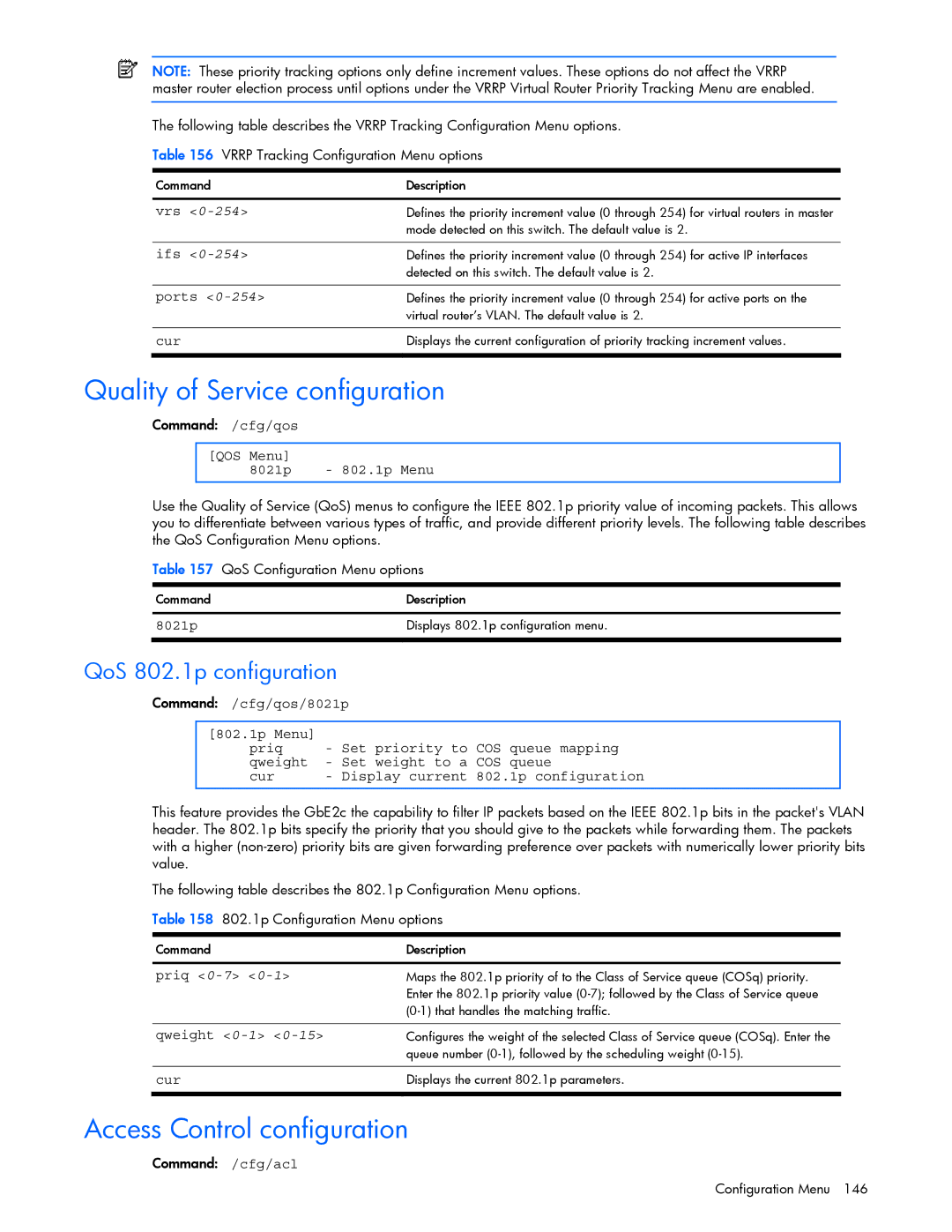 HP xw460c Blade manual Quality of Service configuration, Access Control configuration, QoS 802.1p configuration 